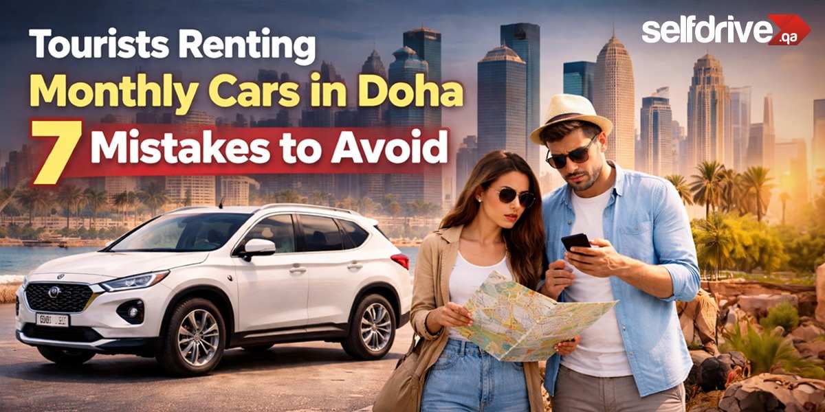 Tourists in summer attire study a map by a white SUV, with Doha's skyline in the background. Text overlay reads, "Tourists Renting Monthly Cars in Doha: 7 Mistakes to Avoid."